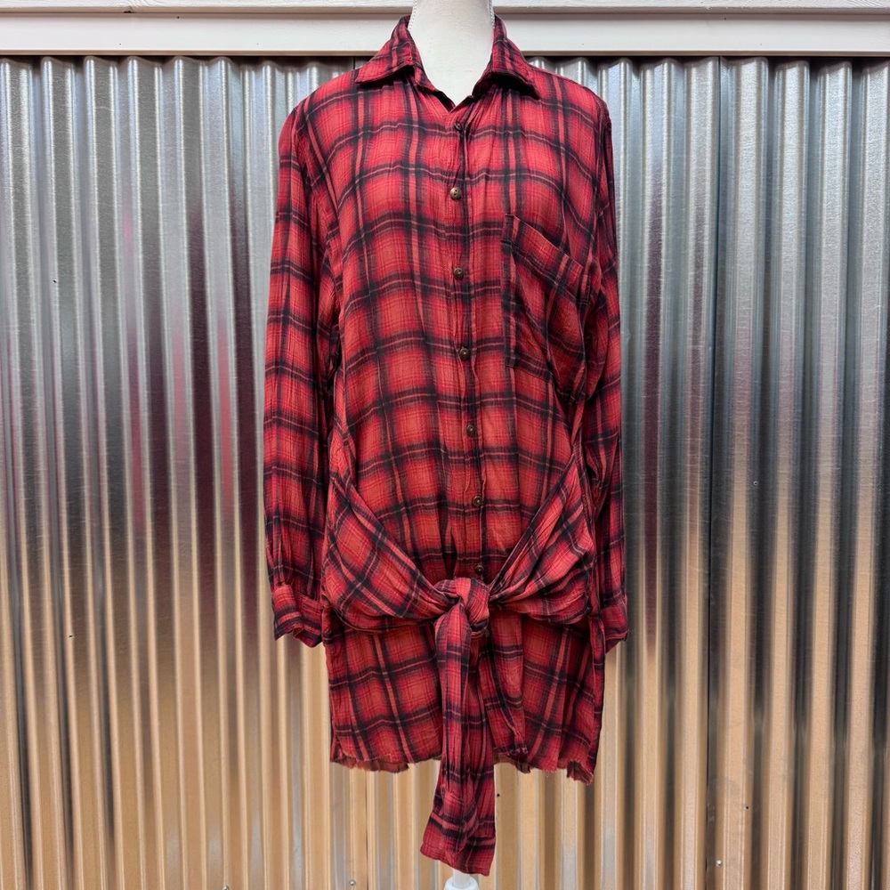 FP One Free People Red & Black Plaid Button-Up Tie Front Grunge Punk Shirt Dress